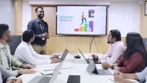 Team presenting in a meeting room
