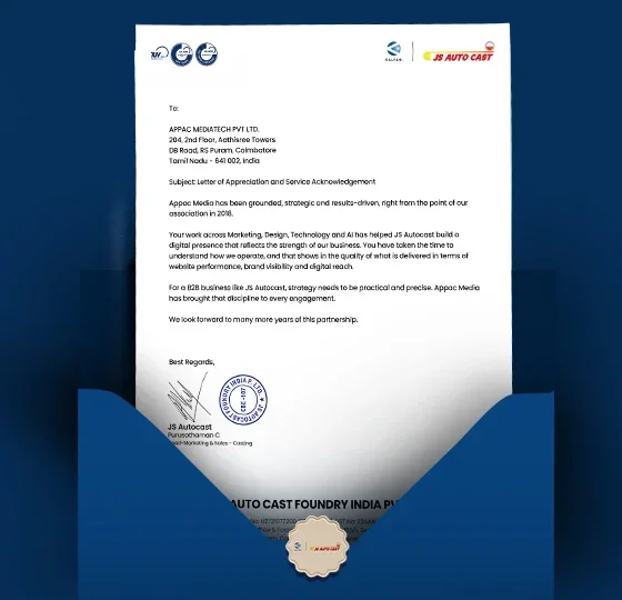 Letter of appreciation from JS Autocast