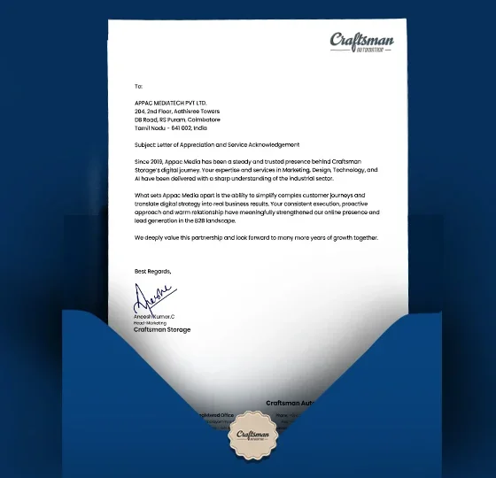 Letter of appreciation from Craftsman Automation